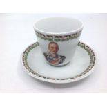 WW1 Imperial German Tea Cup and Saucer with image of an Hussar Officer. Maker marked Greiz i. v