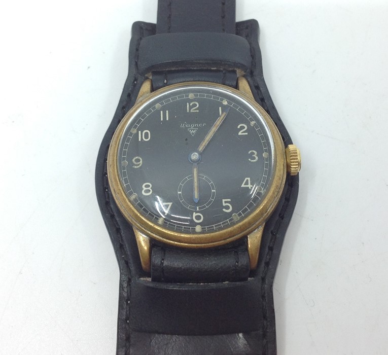 WW2 Third Reich Luftwaffe Wagner Wristwatch. Black dial with Arabic numerals and separate seconds