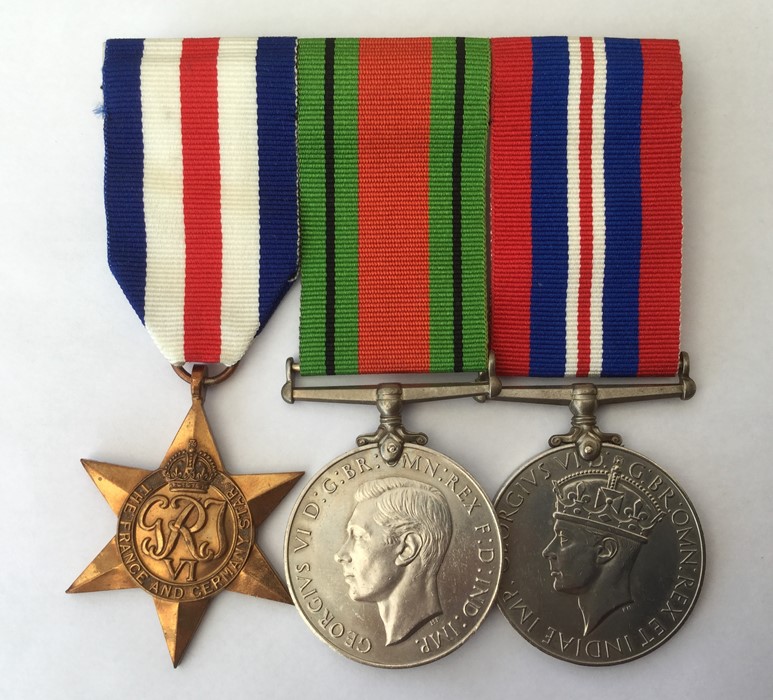 WW2 British France & Germany Star, Defence Medal and War Medal. All with ribbons mounted on a pin