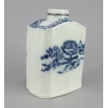 A late eighteenth century blue and white transfer-printed silver-shape tea caddy, c.1795. It is