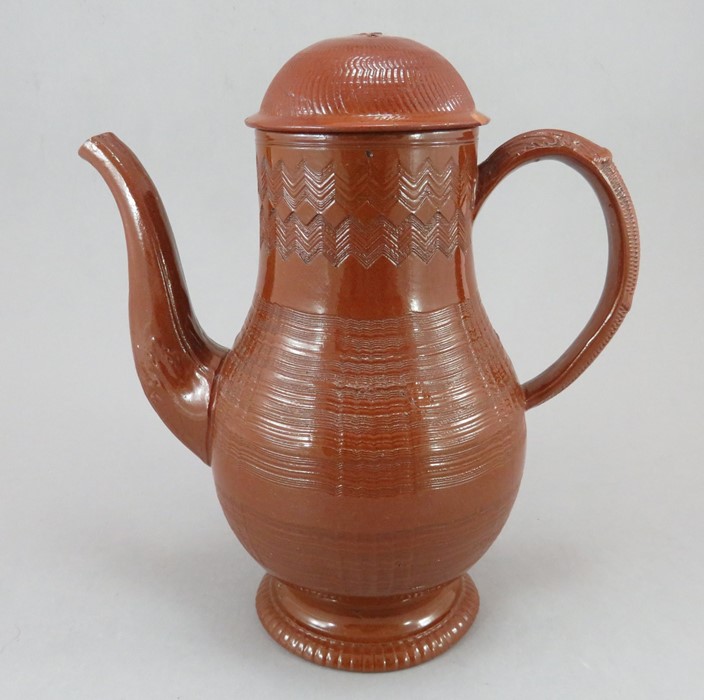 A late eighteenth century English Redware coffeepot, c.1780-90. It is decorated acanthus moulded