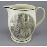 A late eighteenth century creamware black-printed Liverpool-shape large jug, c.1790. It is printed