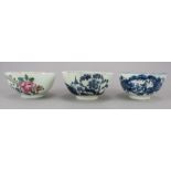 Three late eighteenth century porcelain tea bowls, c.1770-80. To include: a hand-painted Liverpool