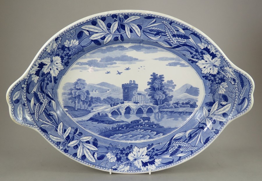 An early nineteenth century blue and white transfer-printed Spode Lucano pattern two-handled soup