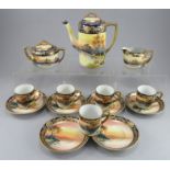 A twentieth century Noritake coffee service, c. 1920. Each piece is decorated with a landscape at