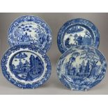 A group of early nineteenth century blue and white transfer-printed chinoiserie plates, c.1810-20.