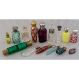 A collection of mainly 19th Century glass scent bottles, cut and moulded glass, some coloured and