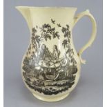 A late eighteenth century creamware black-printed jug, c.1780. It is printed with two prints: a