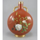 A MIntons terracotta twin handled moon flask, circa 1880, decorated in the Aesthetic manner with