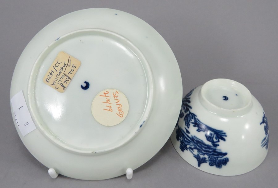 An eighteenth century blue and white transfer-printed porcelain Worcester tea bowl and saucer, c. - Image 2 of 2