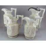 A set of four mid-nineteenth century relief moulded stoneware jugs by Charles Meigh, c. 1842. They