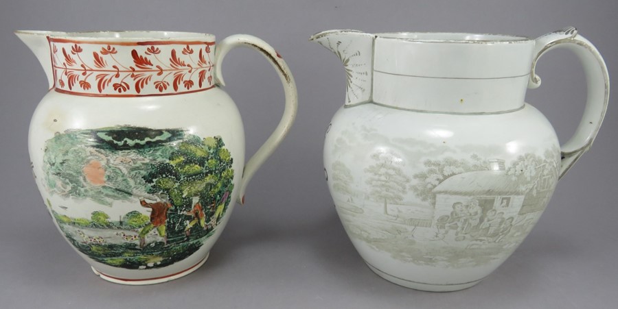 Two early nineteenth century pearlware jugs, c.1810-20. The first is printed in black with shooting,
