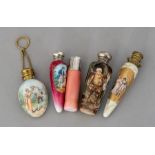 Five assorted late 19th Century porcelain scent bottles, to include four with transfer printed