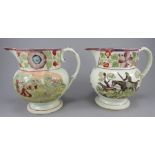 Two early nineteenth century pearlware, transfer-printed jugs c.1825. They are both printed in black