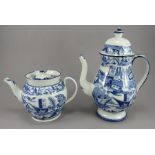 An early nineteenth century blue and white transfer-printed teapot and cover and coffeepot and