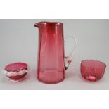 Three pieces of late nineteenth century Victorian Cranberry glass, c. 1870. To include: a small