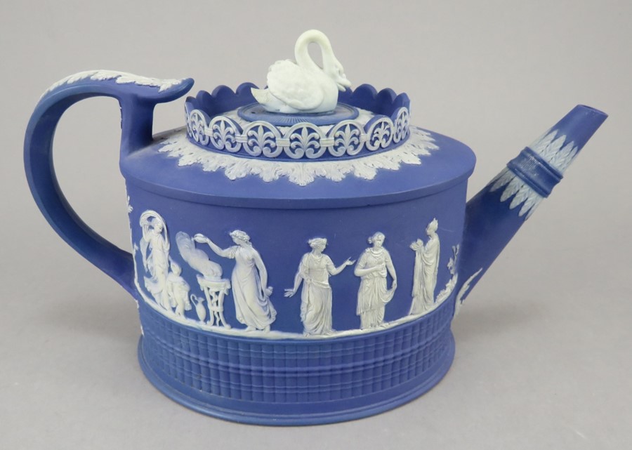 A late eighteenth century Adams (marked) jasper ware teapot and cover c.1785. It has a swan knop - Image 2 of 3