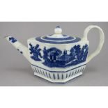 A late eighteenth century blue and white transfer-printed teapot and cover, c.1795. It is