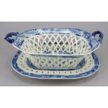 An early nineteenth century blue and white transfer-printed Davenport chestnut basket & stand, c.