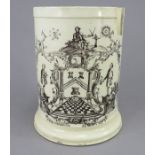 A late eighteenth century creamware black-printed large masonic mug, c.1770. It is printed with