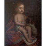 Follower of Robert Byng, portrait of a young boy, seated full length, with his pet spaniel, oil on