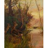Amie White (British, late 19th Century), a landscape with deer beside a river, signed and dated 1900