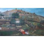 Eastern European Naive School, 20th Century, landscape with a farm and figure resting in the