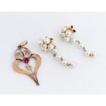A pair of 14K cultured pearl drop earrings, each h