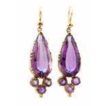 A pair of yellow metal amethyst pendant Earrings,