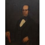 British School, circa 1850, portrait of a gentleman, half length seated wearing a black tunic and