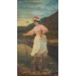 British School, circa 1880, a young woman crossing a stream, indistinctly signed l.r., oil on