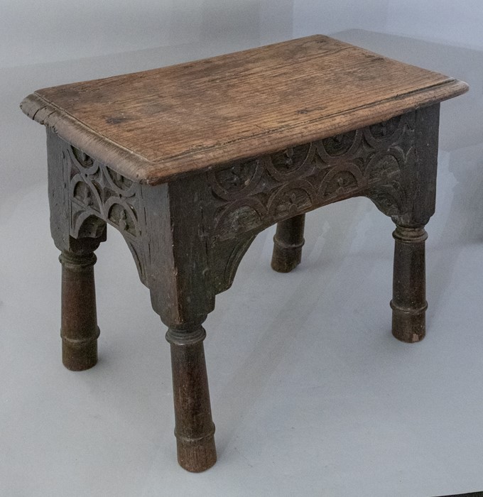 A 17th Century oak joint stool, plank top, lunette - Image 2 of 2