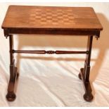 A Regency rosewood and birds eye maple inlaid chest games table, rectangular curved edge slight