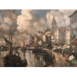 A. Struan Robertson (British, fl.1903-1918), a Bruges canal scene with sailing vessels and a