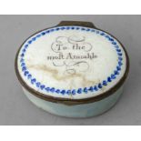 A late 18th Century Bilston oval enamel patch box,