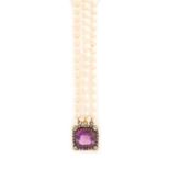 A triple row cultured pearl choker Necklace of cre