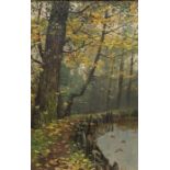 Ernest M....., Autumn Leaves, Thimble Mill Pool, Warley, indistinctly signed, inscribed and 1882