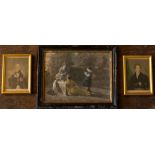 Two framed Baxter prints (Lord Nelson and Sir Robert Peel), three Vanity Fair caricatures, and a