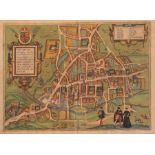 Georg Braun & Frans Hogenberg. Cambridge, bird's eye plan, 1575 or later, hand-coloured copper