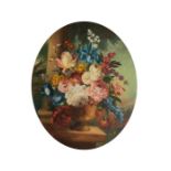 Dutch School, late 19th Century, oval still life of flowers in a vase on a ledge, signed Jan l.r.,