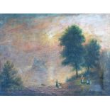 Manner of J.M.W. Turner, a coastal landscape at sunset with figures and a distant castle, oil n