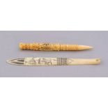 A George III ivory bobbin, turned, carved and with