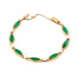 A 14K jade and pearl Bracelet of seven marquise sh