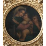 After Raphael, La Madonna della Sedia, painted circle canvas size oil on canvas, 46 by 39cm, in an