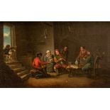 Manner of David Teniers, a tavern scene with peasants playing music, oil on board, 14 by 21.5c,