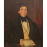 British School, circa 1840, portrait of a young man, half length holding a newspaper, oil on canvas,