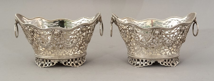 A pair of .925 silver oval bon bon baskets, beadwo