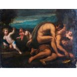 Manner of Filippo Lauri, a drunken Bacchus with satyrs and fauns, oil on canvas, 71 by 91cm,