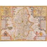 Speed, John (1552-1629). 17th-century map of Staffordshire, hand-coloured copper engraving on laid/