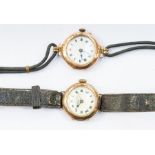 Two 1920's 9ct gold cased ladies wristwatches, both with white round enamelled dials, Roman